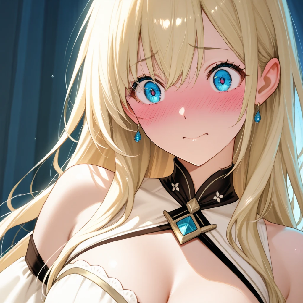 One woman、 Blonde Hair, Long Hair, blue eyes, Smiling、Big Breasts、Huge breasts、Data Fashion, Gothicta, apron, dress, undressing, Lifted it himself, panties, Pulling on panties, Unreal Engine, Anime Style, Very detailed, Realistic, 8k, Super detailed, Intricate details, Dramatic lighting, Dramatic colors, Chiaroscuro, Structure of the film, Volumetric lighting, Volumetric Fog, Studio Lighting, Cinematic Rendering, Beautiful attention to detail, Beautiful lip detail, Very detailed顔と目, Long eyelashes