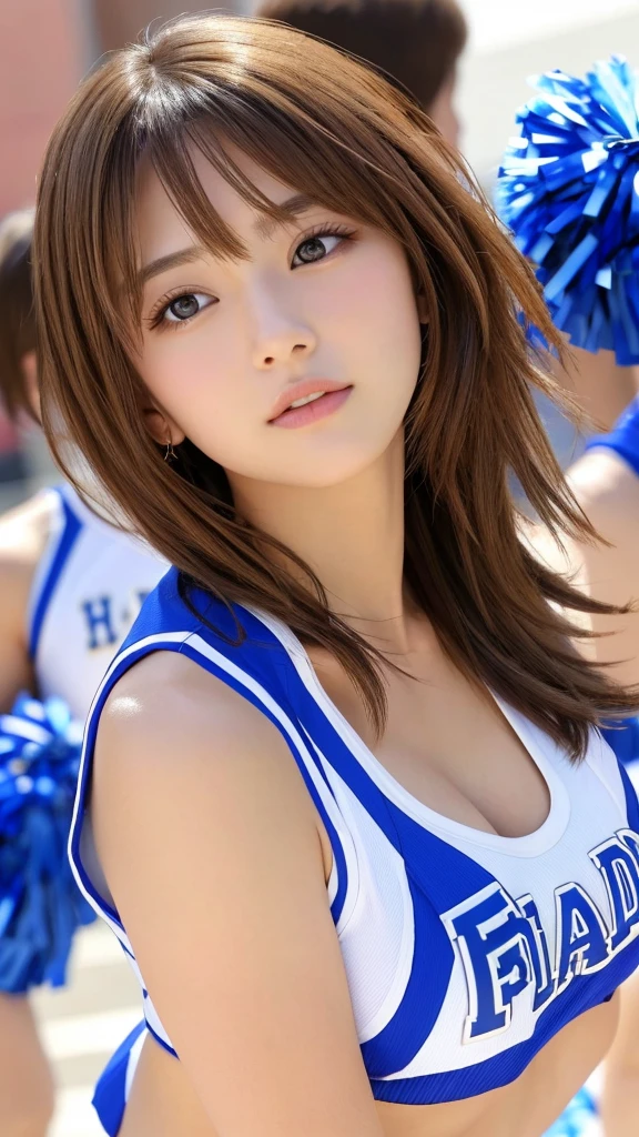 Photorealistic、Masseter muscle area、Highest quality、High resolution、RAW Photos、Realistic、Bright lighting、Face Light、Smooth Professional Lighting、Japanese women、Beautiful woman、Modeled、gravure、sexy、so beautiful、Realisticで美しい肌、Beautiful and detailed、Detailed face、slim、Large Breasts、Cleavage、short hair、Brunette colored hair、Brown eyes、looking at the camera、Cheerleader、Cheerleader、Cheerleader