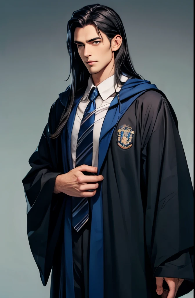 handsome gloomy guy with long black hair in a robe with a blue tie