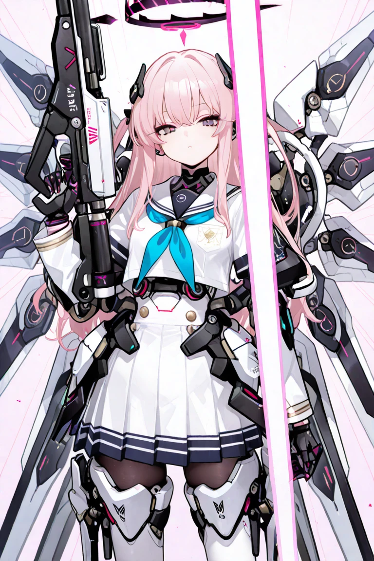 ((Masterpiece))) Full Body, Full Body Shot (One Girl) ((Pink Hair, Long Hair, Straight Hair, Both Sides Up))), ((Green Eyes))), Eyeshadow, Eyeliner, Glow Eye, Hyper Detail Eye, Complex Eyes, Beautiful Eyes, Detailed Eyes, (((Star-shaped pupils, glowing pink pupils))) 18 year old girls. (wearing a transparent jacket made of PVC material)) huge cool weapon machine in hand, huge cool weapon machine, mech, mechanism, machine, open stance, coalescing
