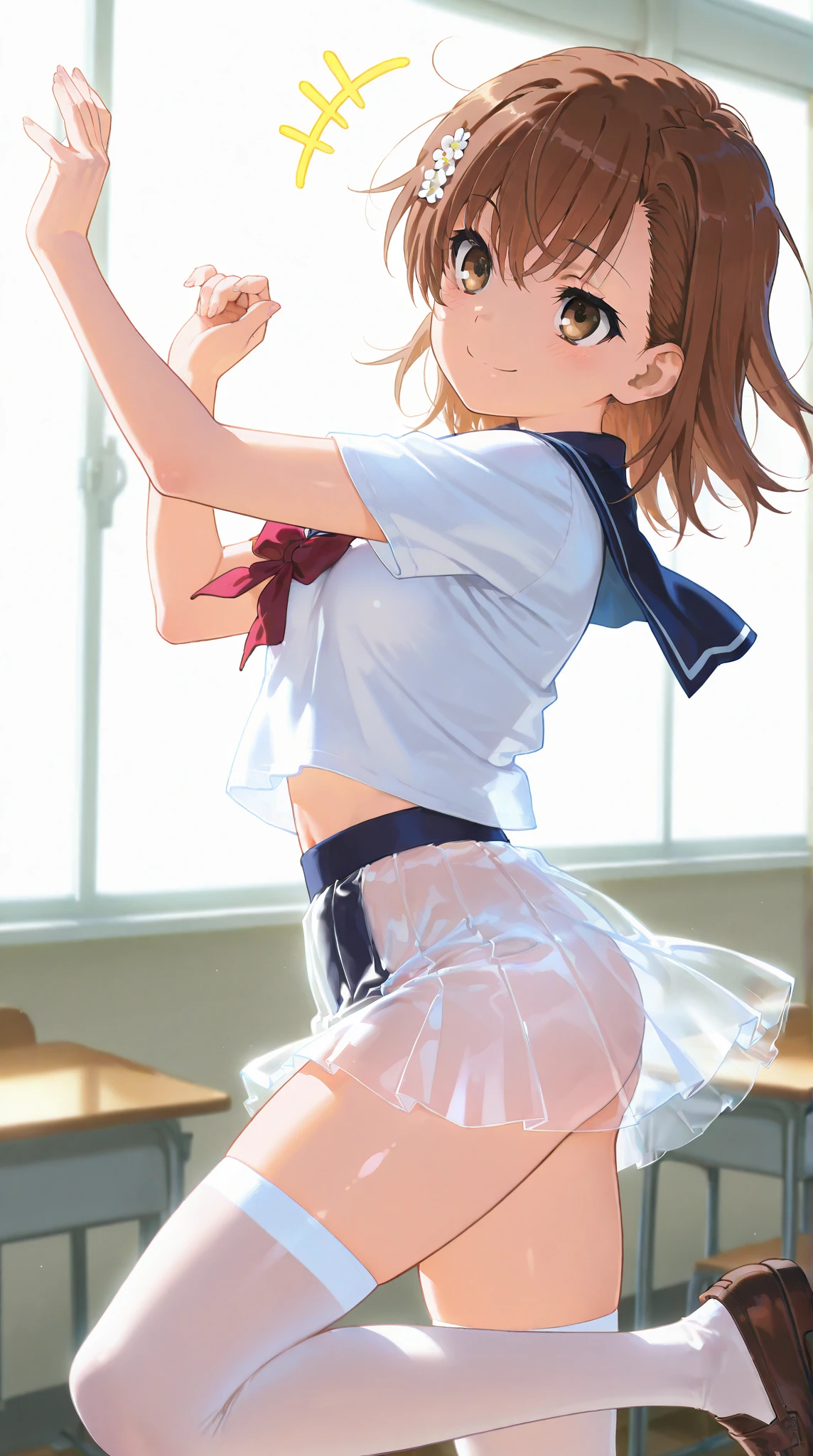 (((a leg up high:1.5))),cheerleader,orange_skirt,cowboy_shot,white_thong,(((underboob))),nipple,white_thigh_highs,eyes in highlight,(tareme:1.5),(Round_eyes:1.2),narrow waist,small hip,big breast, masterpiece, best quality,ultra-detailed,highres,extremely detailed CG,super fine illustration,anime,details,detailed beautiful skin,shy smile,open_mouth