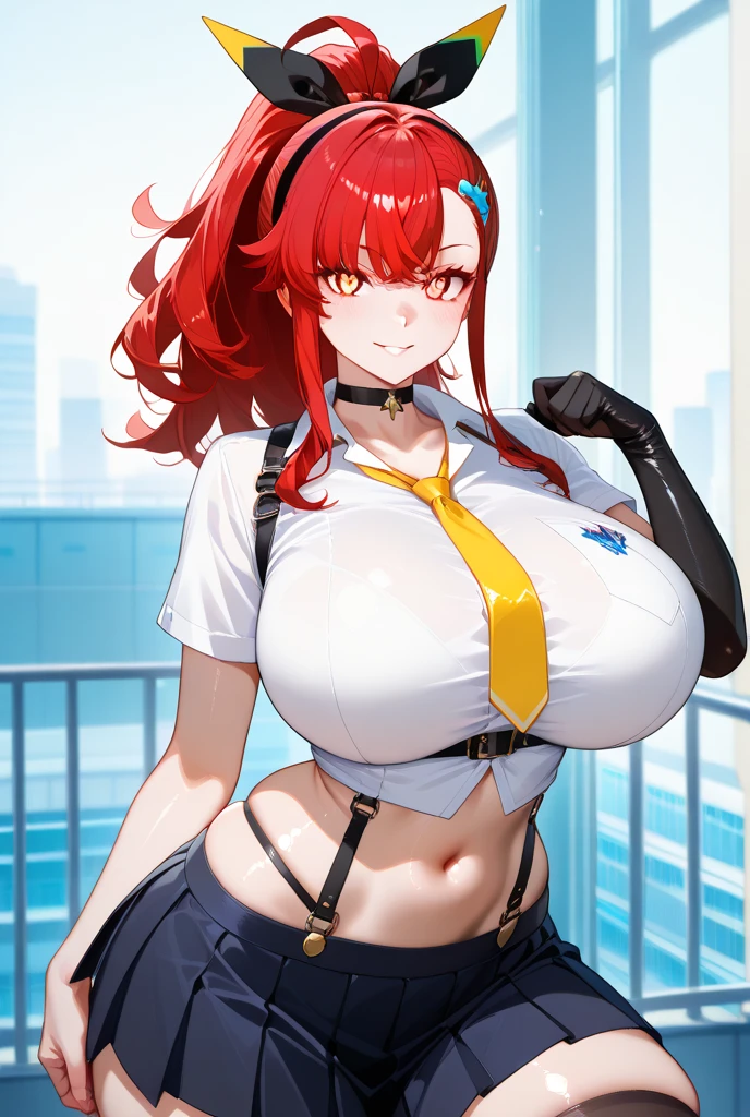 1girl, detailed face, detailed eyes, red hair, long ponytail, white eyes, serious, eyepatch, huge breasts, huge ass, black suit, business suit, red necktie, pants, outdoors, city