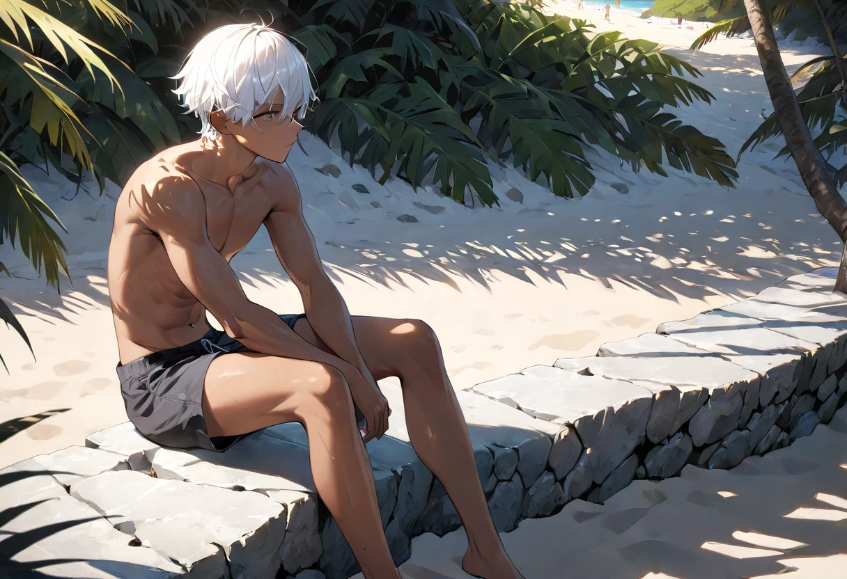 (absurderes, A high resolution, Ultra detailed, hdr), Masterpiece, Best quality, 1boy, Solo, Handsome, Short hair, I((Numagi Toga)), White hair, Closed mouth, Open shirt, swim trunks, beach, Clear sky and horizon, Sunny, ventania, From the side Side,(The barefoot)