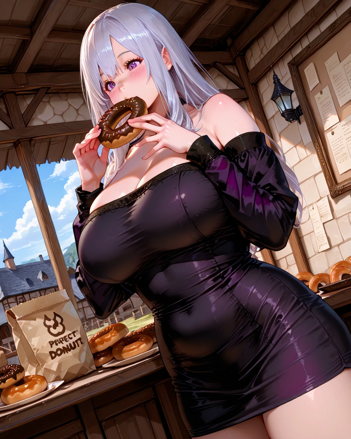 (Masterpiece, Fine and Meticulous Beautiful Eyes: 1.2), ultra-detailed, illustration, a mysterious and mysterious witch dressed in a deep purple robe, eating a spicy chicken wing burger, stands in a world of her own creation, surrounded by a swirling cloud of arcane magic. , detailed background, (realistic: 2), volumetric light, sunlight, rays, sky, clouds,