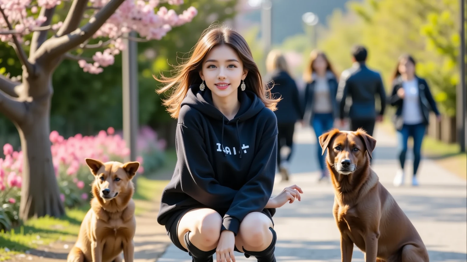 with tied brunette hair, white shirt, pink coat, league pants, sitting laughing holding her dog