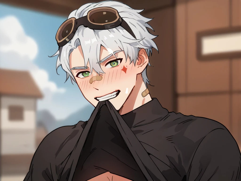 solo,looking at viewer,blush,short hair,bangs,shirt,1boy,nipples,green eyes,white hair,male focus,uncensored,penis,shorts,teeth,clothes lift,blurry,black shirt,facial mark,mouth hold,shirt lift,erection,lifted by self,clenched teeth,goggles,bandaid,goggles on head,blurry foreground,bandaid on face,bandaid on nose,clothes in mouth,bandaid on cheek,shirt in mouth,teeth hold,bennett\(genshin impact\)