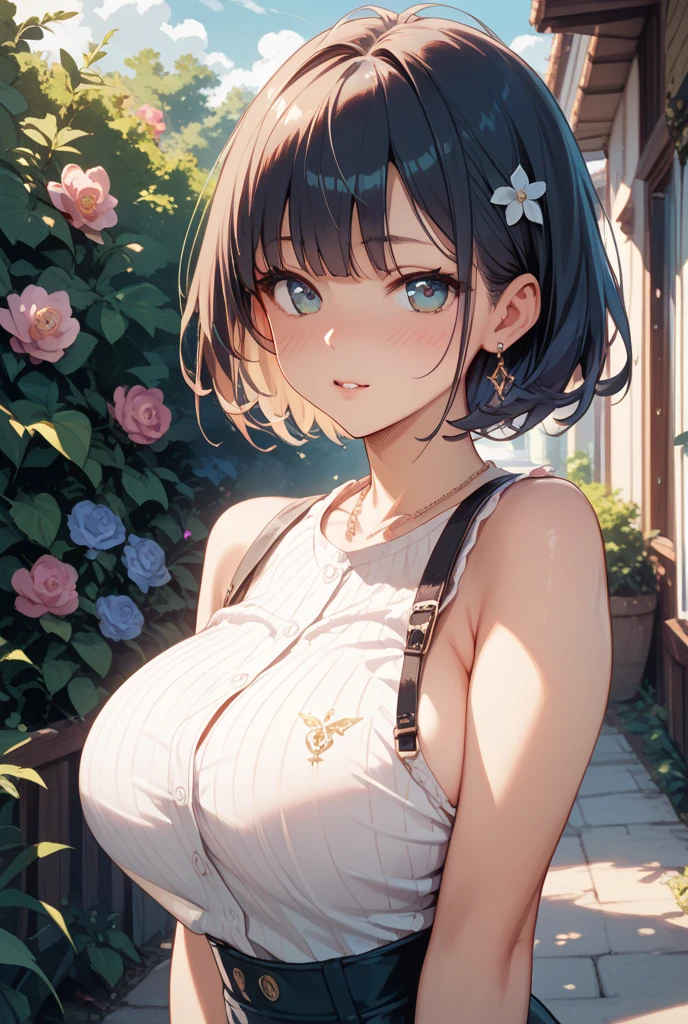 (best quality), (Super detailed), (Best Illustration), (masterpiece), (woman), {(white bra:1.2)}, (large breasts:1.2), {brown hair, (sideburns), (bob cut:1.3), curly hair, hairs between eyes, colored inner hair}, {(detailed eyes), blue eyes}, blush, earring, wind, (flower garden)