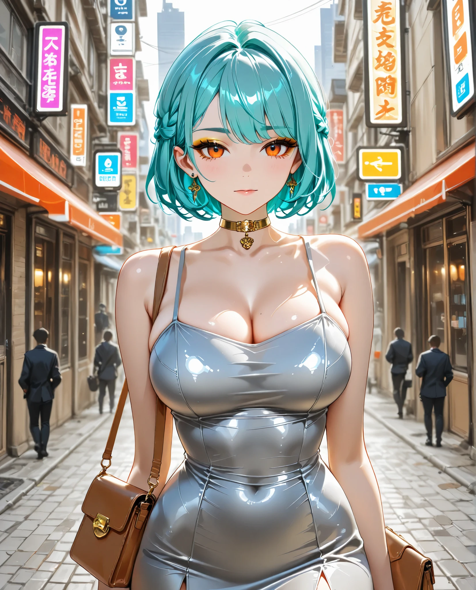 ((a masterpiece of,Need)),(3girl),((Hipster girl)),Light pink hair,big areolae,horn,((office lady)),By bangs,A big-breasted,(plumw),slim,Colorful hair color，Trendy clothing，Street culture，hugetits