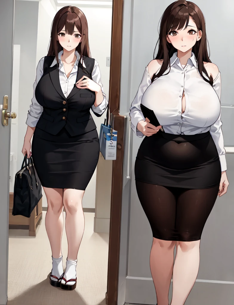 1woman,solo,25yo,black hair,long hair,wavy hair,shiny hair,hair over one eye,side braid,scarlet eyes,huge breasts,tall stature, voluptuous,wide hip,light-blue_blouse-shirt,white_pencil-skirt, black patent heel pumps,