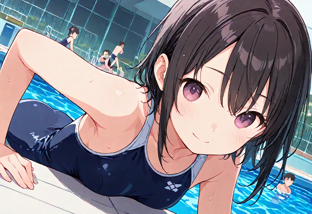 Highest quality、High resolution、Detailed Background、(Beautiful face in every detail:1.4)、Anatomically correct、(Normal number of fingers:1.2)、Highly detailed face、(Detailed eyes:1.4)、Teenage beauty、(Huge breasts:1.2)、Perfect body line、Bobcut、Braided Ponytail、cute hairstyle、A big smile、In a joking manner、smile、School swimming pool、Navy school swimsuit、An innocent smile、Laughing with your mouth open、Cute gestures、
(Five girls in school swimsuits taken from below in close-up:1.5)、(Five girls taken from below in close-up:1.5)、
Close up from below、Looking at me with a happy smile、Swimsuit that glows when wet、My whole body is wet、My hair is wet too、cute