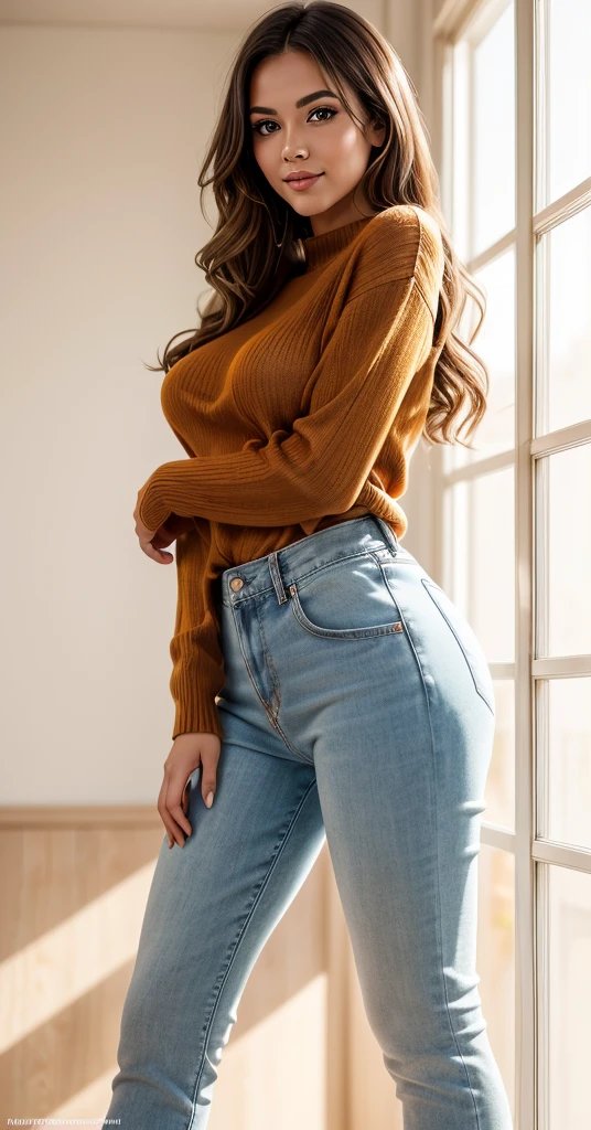 (((masterpiece))), (((best quality))), ((ultra-detailed)), (highly detailed CG illustration), ((an extremely delicate and beautiful)),cinematic light, 1woman, mature woman, 45 years old, realistic face, smiling, brunette, ponytail, sexy Mom, gray knittet sweater, ((huge breasts)), realistic hand, skinny body, thick tighs, round feminine hips, tight skinny jeans, white ankle socks, full body, standing straight, at home, realistic home background