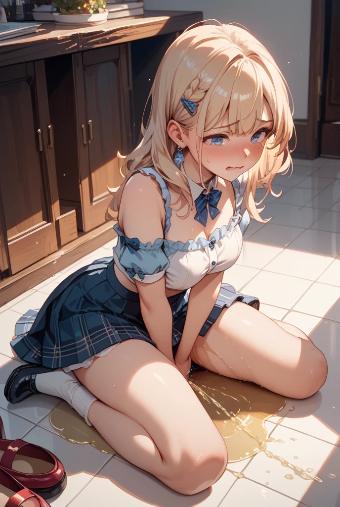 (masterpiece、highest quality、High resolution、realistic pictures、real looking skin:1.1), (wearing a blue oversized knit,Moe sleeves,Wearing a pleated miniskirt, knee high boots, The place is a park:1.1), 1 Japanese women, beautiful eyes, shining eyes, provocative smile, blonde, medium long hair, university student, (Squat down with both knees facing towards you.:1.8), (Place your elbows on your knees、put your chin on it.:1.5), (slightly exposed pants: 1.5), (simple white satin panties: 1.5), NSFW