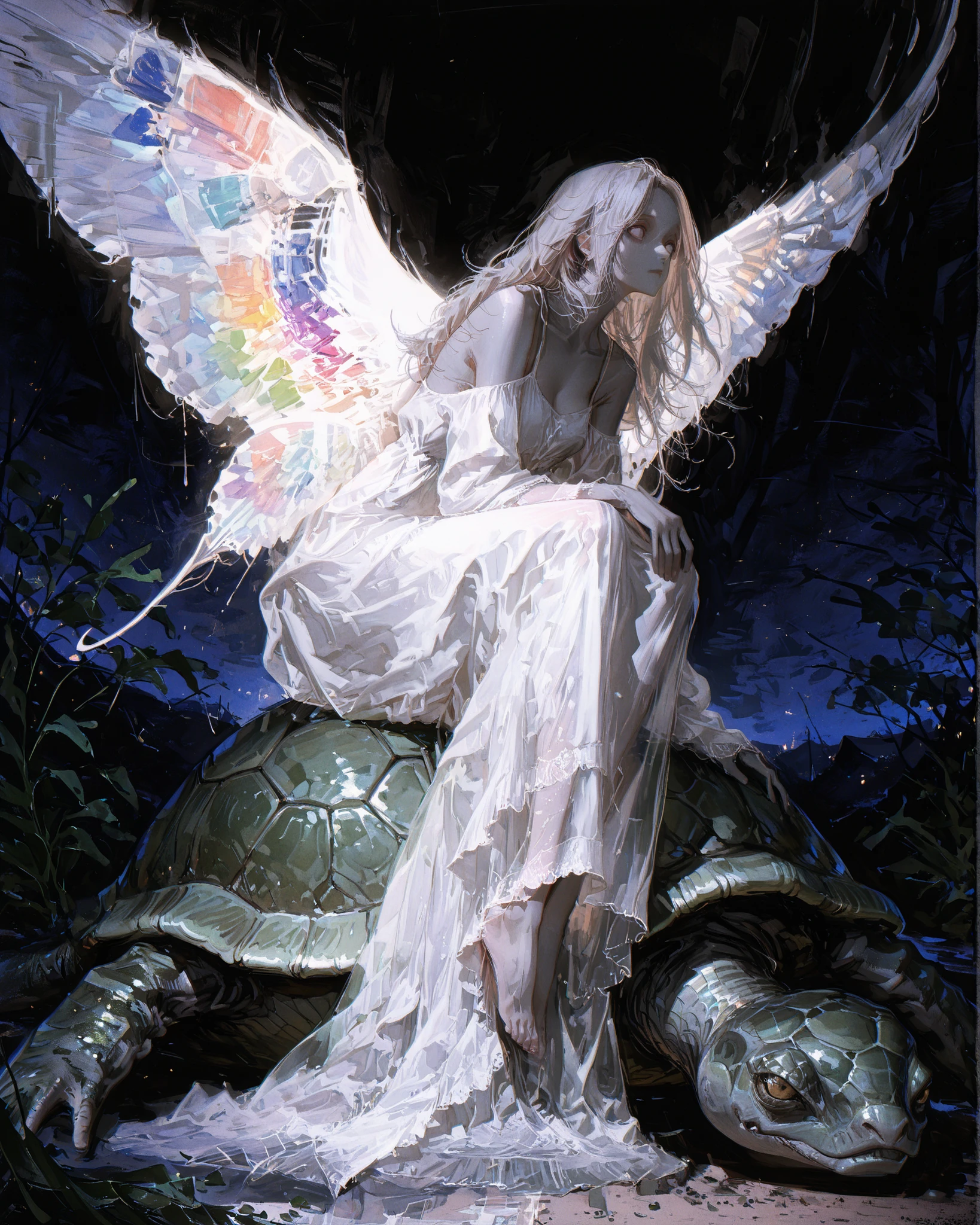 Masterpiece, side angle, natural lighting, night, perfect shadows, ray tracing, detailed image, perfect human anatomy, a beautiful woman with fair or gray skin and long hair like seaweed wearing a translucent dress like a fine white mist with large colorful wings on her back, sitting with her legs to the side, resting one hand on her knee, mysterious look, empty stare into nothing, on top of a giant land turtle, in the background a distorted scene, ambient cinematic lighting, surreal atmosphere, 4k full body concept art, unsettling elegance, soft surreal nightmare