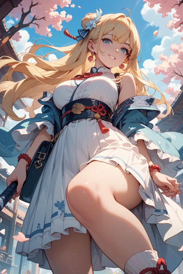 top-quality、Top image quality、masterpiece、girl with((18year old、Best Bust、big bast,Beautiful blue eyes、Breasts wide open, Blonde ponytail、A slender,Large valleys、Black hoodie、Red and black skirt、Sleeveless、Ruby Earrings、all-fours、Leaning forward))hiquality、Beautiful Art、Background with((Full Moon Night、dancing rose petals、Beautiful night sky、blue rose meadow)))、,masutepiece、visualart、depth of fields、