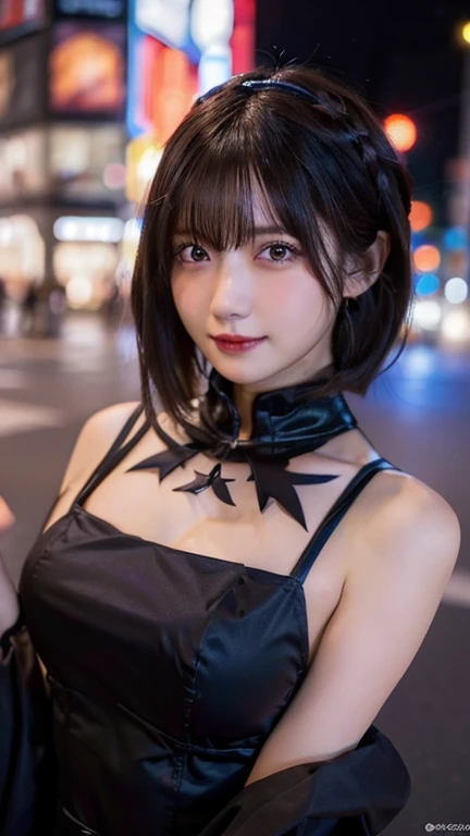 girl, White skin, ((Dark brown short tiered hair)), V cut with layers and bangs, Brown eyes, Soft atmosphere characteristics (Highest quality, Ultra-high resolution, 8K, RAW Photos, Ultra-high resolution: 1.2, masterpiece: 1.3), (Realistic, Realistic: 1.37), Very detailed, Professional Lighting, Photon Mapping, Radio City, 物理ベースレンダring, One Girl, (high school girl), Sharp focus:1.2、Beautiful woman:1.4,cute, Nice, Adorable smile, Normal chest, Cross Necklace、Earrings、ring,(Cleavage)、((Dark brown short hair),Gothic Lolita Fashion, (((red and black gothic loli))),Japanese cityscape,Fukuoka,Selfie,