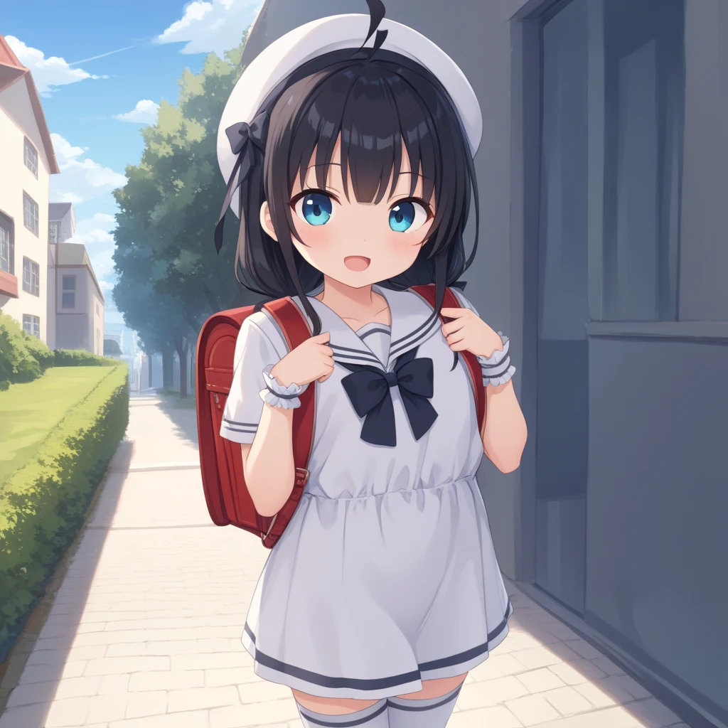 (masterpiece), (best quality), (ultra-detailed), photorealistic, (best illustration), (an extremely delicate and beautiful), 1girl, solo, (kcshounan), short twintails, short hair, sailor dress, white dress, blue sailor collar, hat, full body <lora:hiburigata_nai_9:0.7:lbw=OUTD> standing, purple eyes, looking up, expressionless, young, (child:0.9), shoes, sunlight, blue sky, detailed scenery, looking away, grass, twintails