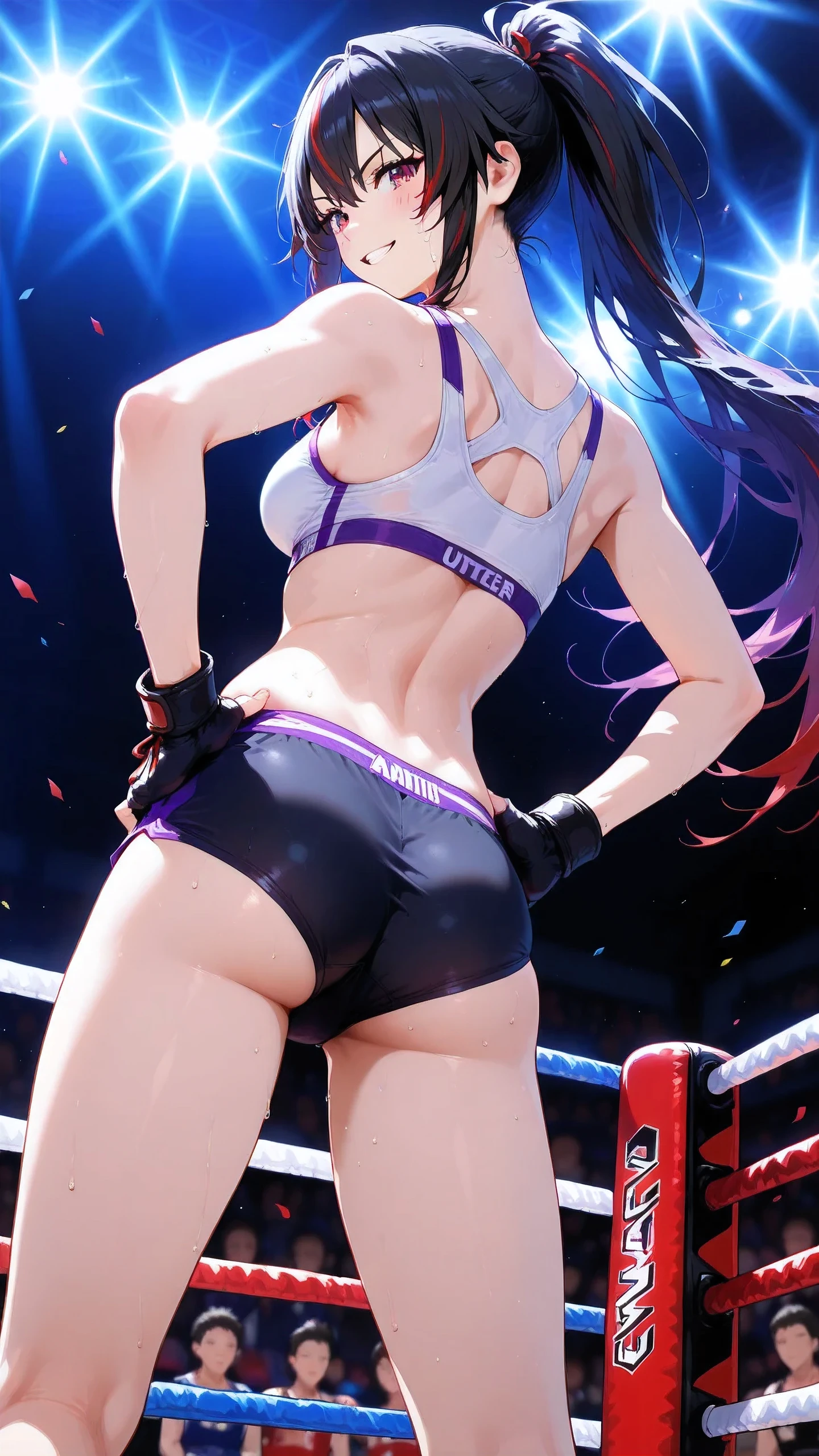 KunimitsuTK, long ponytail, streaked hair, solo, Detailed eyes, white sports bra, black boy leg underwear, black fingerless gloves, thigh, cleavage, medium breast, serious grin, looking at viewer, Detailed eyes, Detailed face, victor, hands on hips, from behind, from below, medium shot.
indoor boxing ring, spectator seats, spot lights, depth of field.