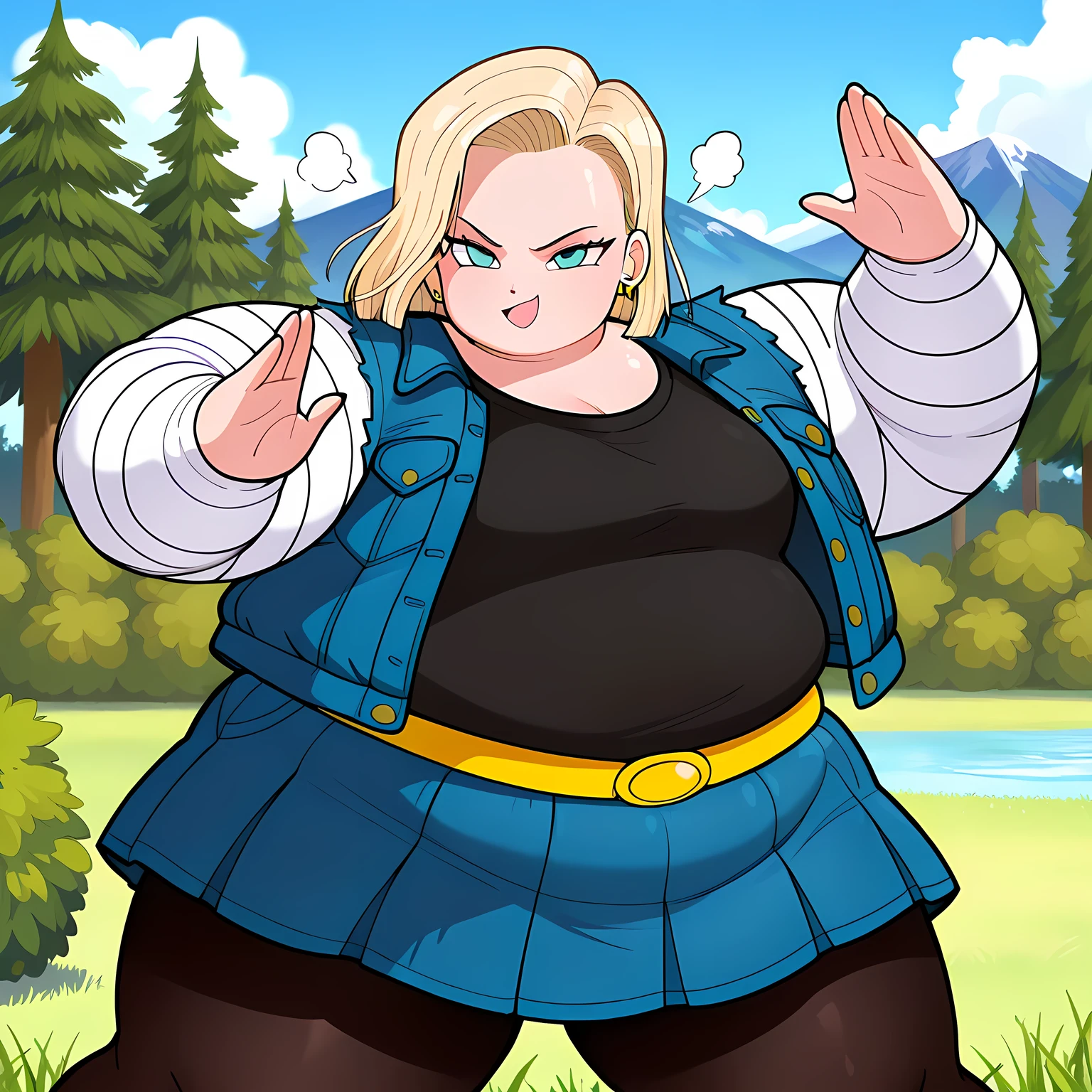 masterpiece,best quality,mount paozu,nature, a18, 1girl,solo, blonde hair,light blue eyes, short hair, black shirt, white striped sleeves, blue denim skirt,(gold belt buckle:1.11), long sleeves,blue denim jacket, breast pocket,open jacket, grass, bush, thin mountain,clif, blue sky, cloud,tree,looking at viewer, smirk,,outdoors,small breasts,water,fighting stance,brown belt,medium breasts,closed mouth,frown,eyelashes,legs apart, black leggings,yellow earrings, fat, chubby, obese, gigantic arms and legs, large breasts open mouth, out of breath
