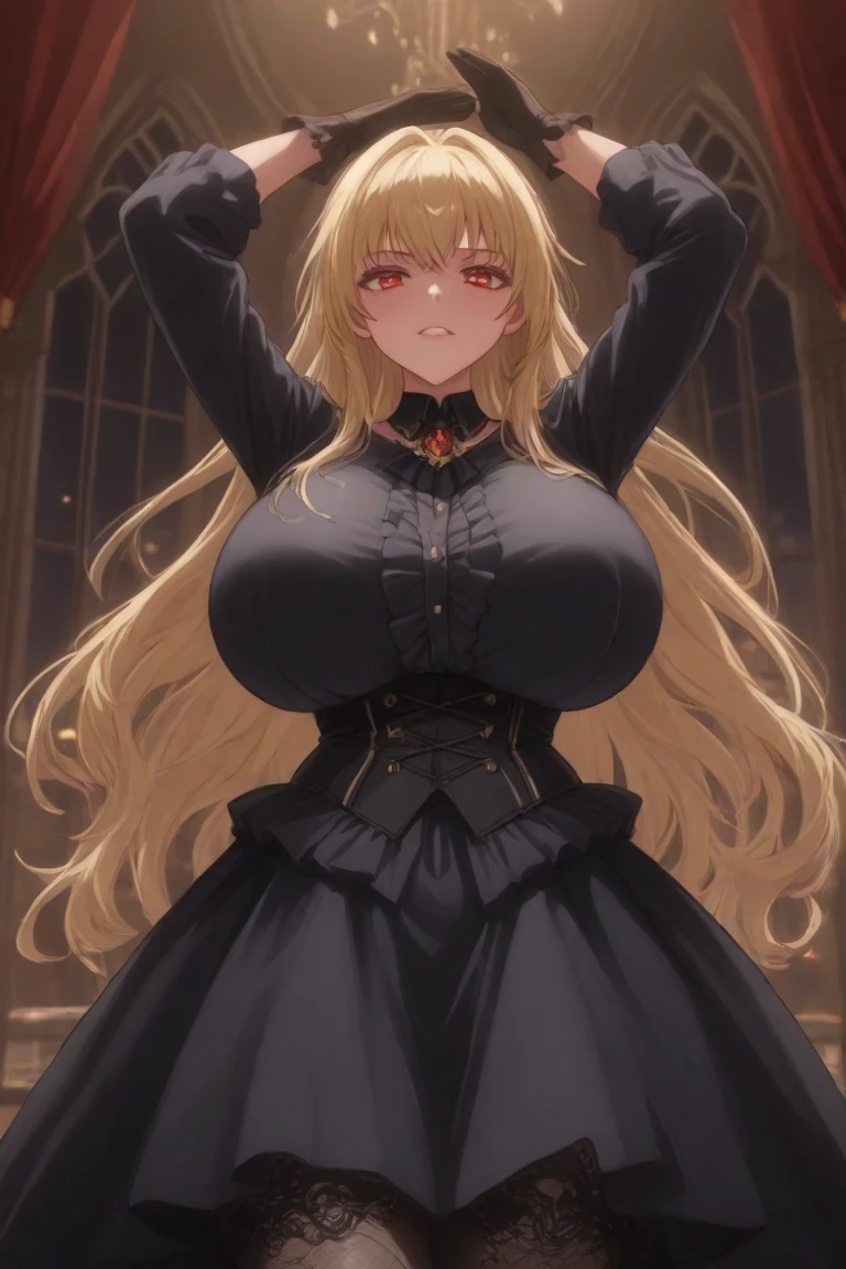 1girl, masterpiece, high quality, huge breast, bright breasts, looking into camera, safe, marin, shining , blush face, marin kitagawa, long hair, bangs, blonde hair, (red eyes:1.5), multicolored hair, standing, black lace dress, cleavage
