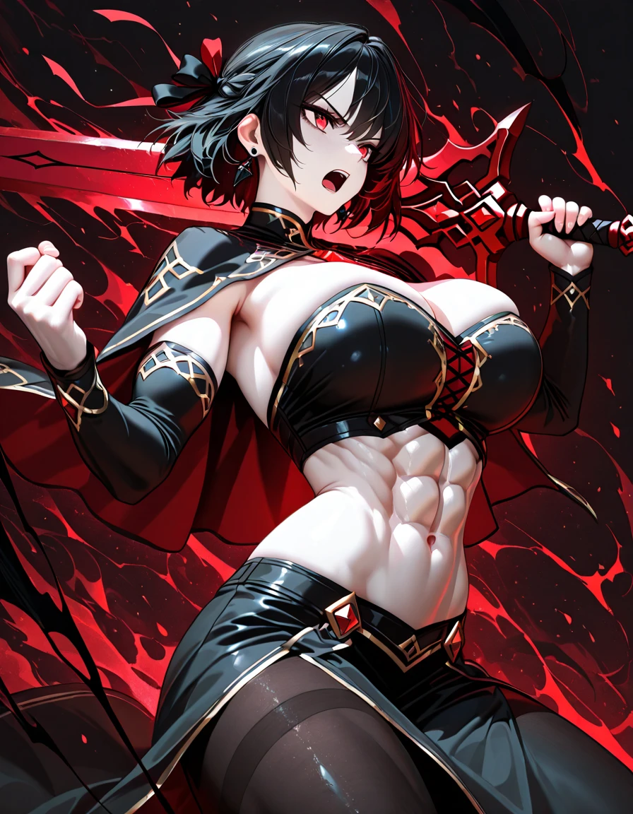(One Woman),(Best image quality, 32K, masterpiece:1.3),((Black hair bob cut:1.1)),(Swept-apart bangs,Braiding), (Cute eyes, Dark Eyes), (Detailed eyes),(Mole under right eye), (Standard weight), (Glowing Skin:1.1),(Pale skin:1.2),(A fantastic atmosphere),(look up),Ultra-high resolution, Textured skin, Sparkle Effect, Large Breasts,adult,

Dark Knight,Belly button,Black Great Sword,

Red-black sky,Black Earth,

