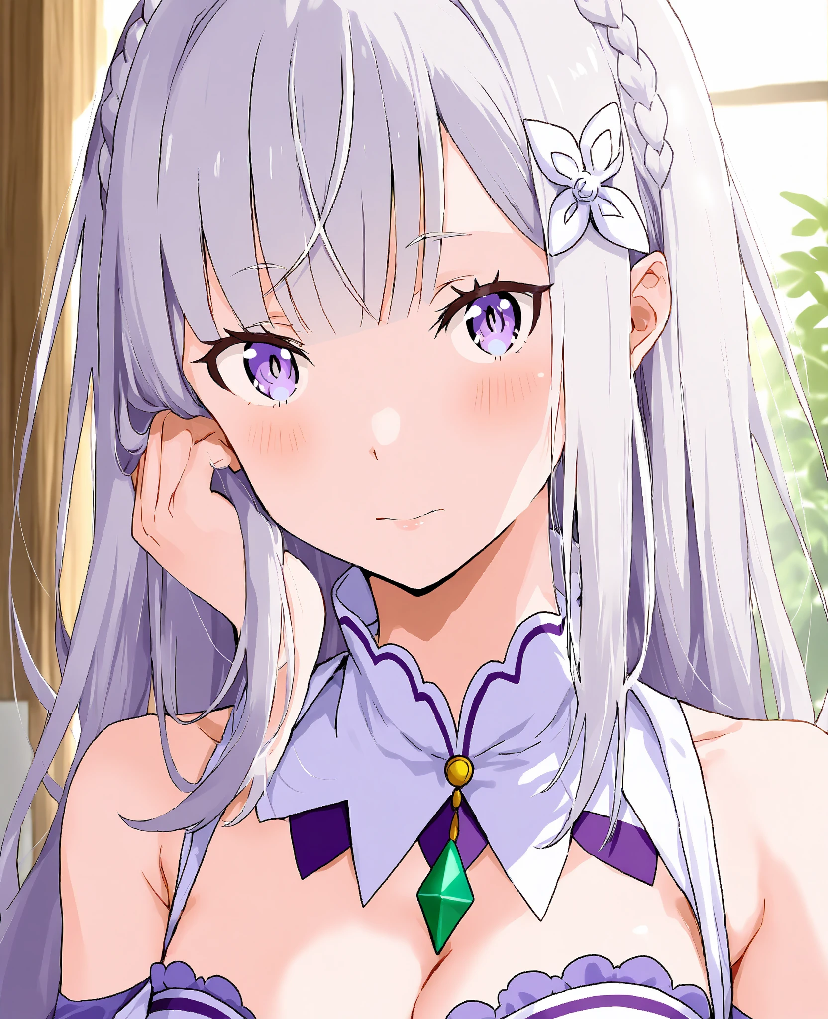 <lora:emilia:1> emilia, 1girl, solo, hair ornament, closed eyes, emilia (re:zero), long hair, flower, hair flower, open mouth, x hair ornament, smile, ribbon, hair ribbon, outdoors, bangs