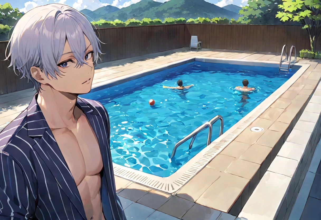 2 boys High level image quality best image quality 8K adult woman pool rain palm trees more colors whole body view portrait golden bikini horn ears short hair((shortcut)(gray hair)(perm)(fluffy)) eye color is blue , , attractive evil face , smile , sexy pose , labrynth , crossed arms, barearm , sittings by the pool , crossed legs , all wet , view foot arc