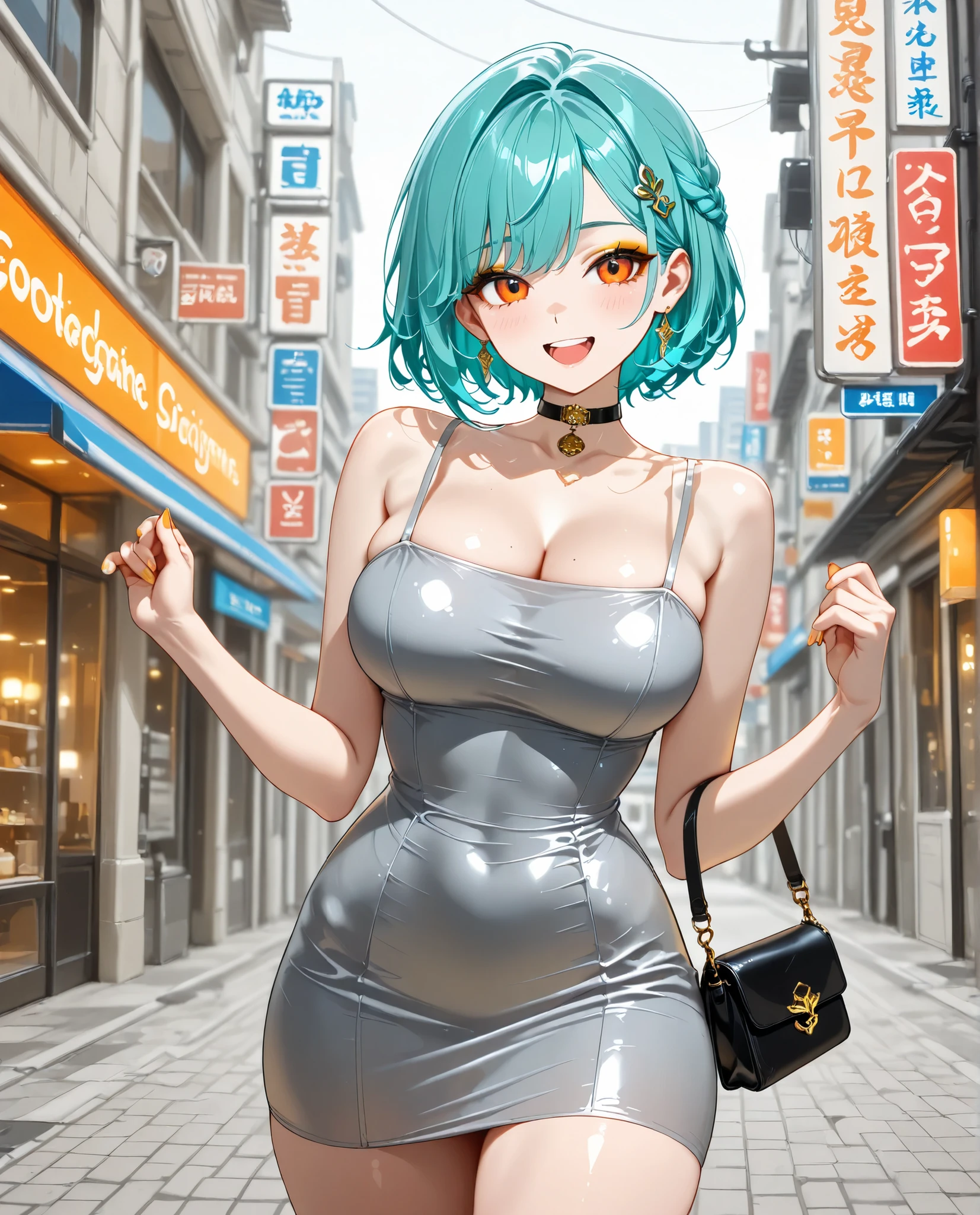 (masterpiece:1.4, best quality), (intricate details), unity 8k wallpaper, ultra detailed, (pop art style:1.2), (style of Grgoire Guillemin:1.4), seductive woman, vibrant colors (hot pink, electric blue), detail eyes, dynamic pose, confident expression, form-fitting mini dress with bold patterns, retro-inspired updo with colorful hair accessory, flirtatious charm and irresistible energy, perfect lighting, perfect shading,