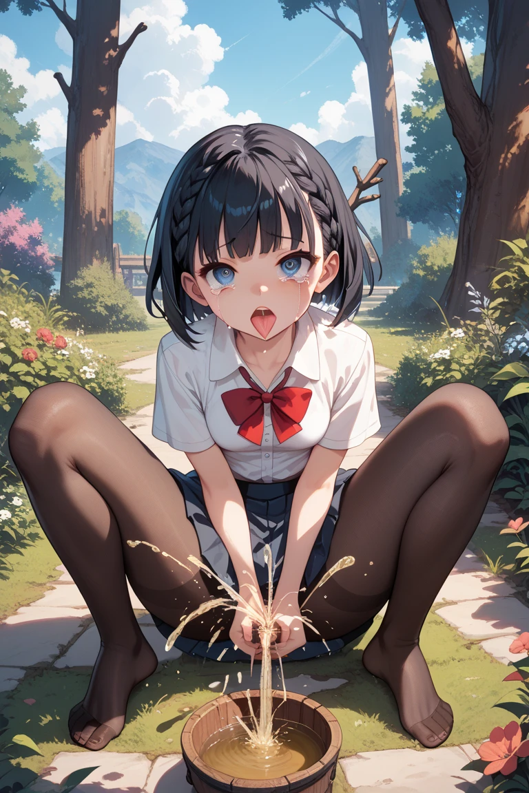 (anime style),masterpiece, best quality, extremely detailed,15Year old,tanned skin,dark skin, Beautiful body,small breasts,BREAK,multicolored colorful black hair,short hair,hair slicked back,for head,pigtails,BREAK,black eyes,out tongue,shy smile,open mouth,mouth on water,half closed eye,detailed lips,open legs,BREAK,cotton black big ribbon,BREAK,nun uniform,striped_bikini,off shoulder,navel,break,head tilt,in the park,dripping,Drinking fountains,huging2girl,