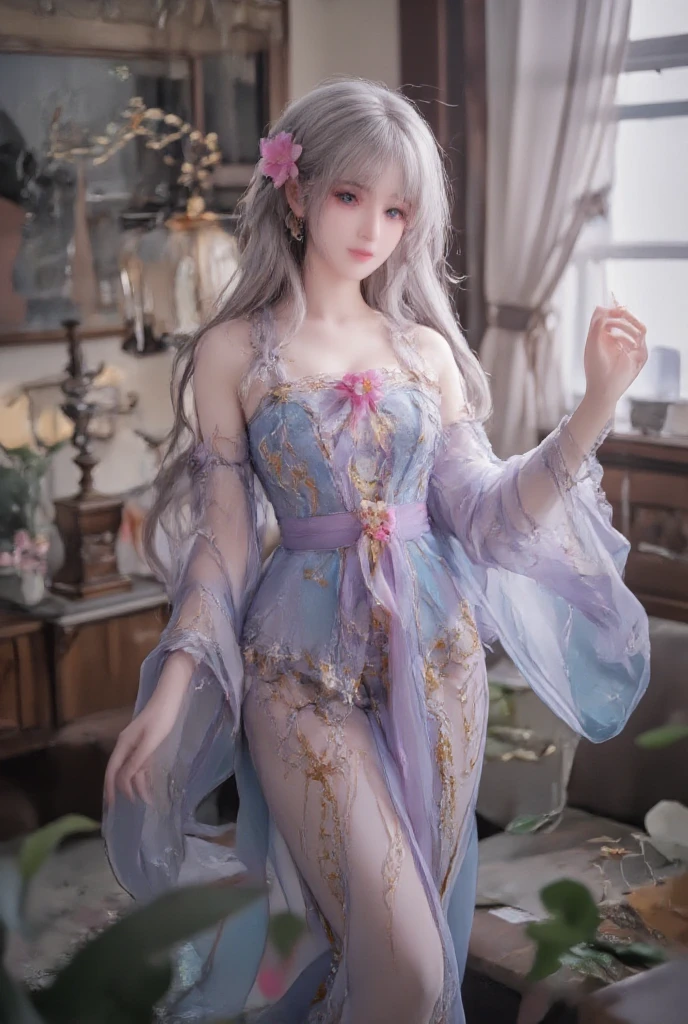 1girl,silver hair,japanese clothes,white thighhighs,detached sleeves, hair ornament, (best quality, masterpiece:1.2), tianfeng1, Extremely detailed, (Practical:1.37), beautiful, youth, Glamorous model, Warm colors, ((A full body perspective,Naturally bent knees,Skin is firm and smooth)), ((In the old-fashioned room,Sit on the edge of the bed,Lean back,Support your body with your elbows)), ((Elegant and natural posture)), (big eyes, Delicate eyes, Delicate lips, Delicate eyes), Available in white with floral pattern, Show a bright smile, fit, Full breasts, ((Big breasts)), Long legs, Create a stunning picture of a girl enjoying her sleep
