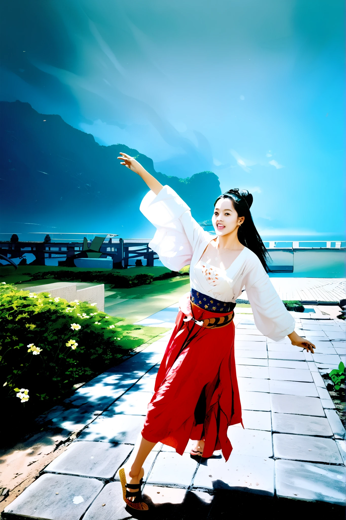 A girl is dancing in the park.