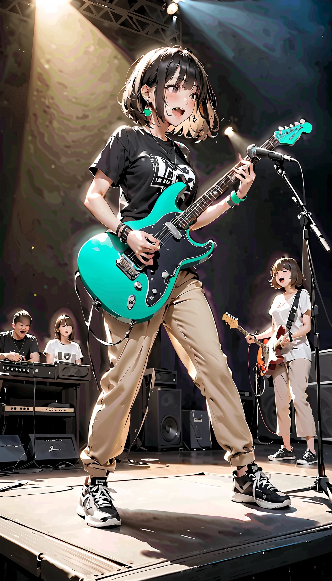 Kyoto Animation、6 stringens、Band member、Short Bob、Electric guitar、Fender Stratocaster、Big Stage、front、sneakers、The face is not clearly visible due to backlighting。Black Pants