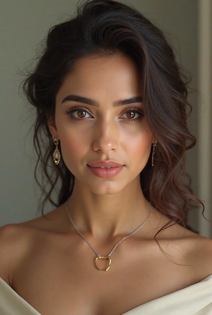 Ethereal portrait of a lovely 25 year old Arabic woman, her face glowing with youthful radiance and charm - soft features with warm olive skin tone, large expressive almond-shaped eyes framed by long dark lashes, perfectly arched eyebrows, a delicate upturned nose, and full lips hinted with a gentle smile. Her thick lustrous hair cascades in loose waves framing her face. The subtle Arabic makeup accentuates her natural beauty - smoky kohl liner, a hint of shimmery eyeshadow, flushed cheeks. Her striking facial features and soulful gaze capture an air of mystery and feminine allure. Intricate henna designs on her hands provide a cultural accent. The soft diffused lighting envelops her in an ethereal glow. Set against a simple muted background to keep the focus solely on her exquisite face.