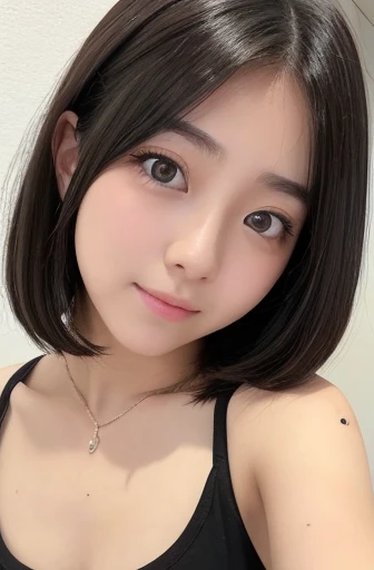 masterpiece、Highest quality、Realistic、超High resolution、High resolution、16k wallpaper、Very detailed、Finer details、Cinema Lighting、A white room with a glass pedestal、Selfie of one woman, (big tits:1.1)、Very detailed顔と肌の質感、Natural Makeup、A small smile、Detailed eyes、Symmetrical black eyes、Medium short wavy hair、High quality light blue tight sleeveless top、nice, Japanese Gravure Idol