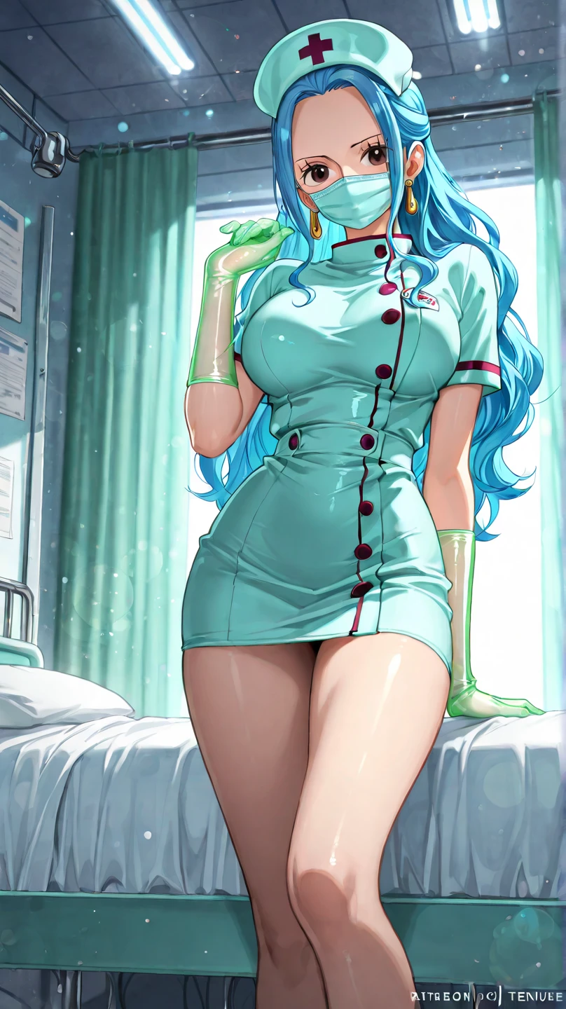 nurse outfit, large breast, big breast, cleavage, long green hair, blue eyes