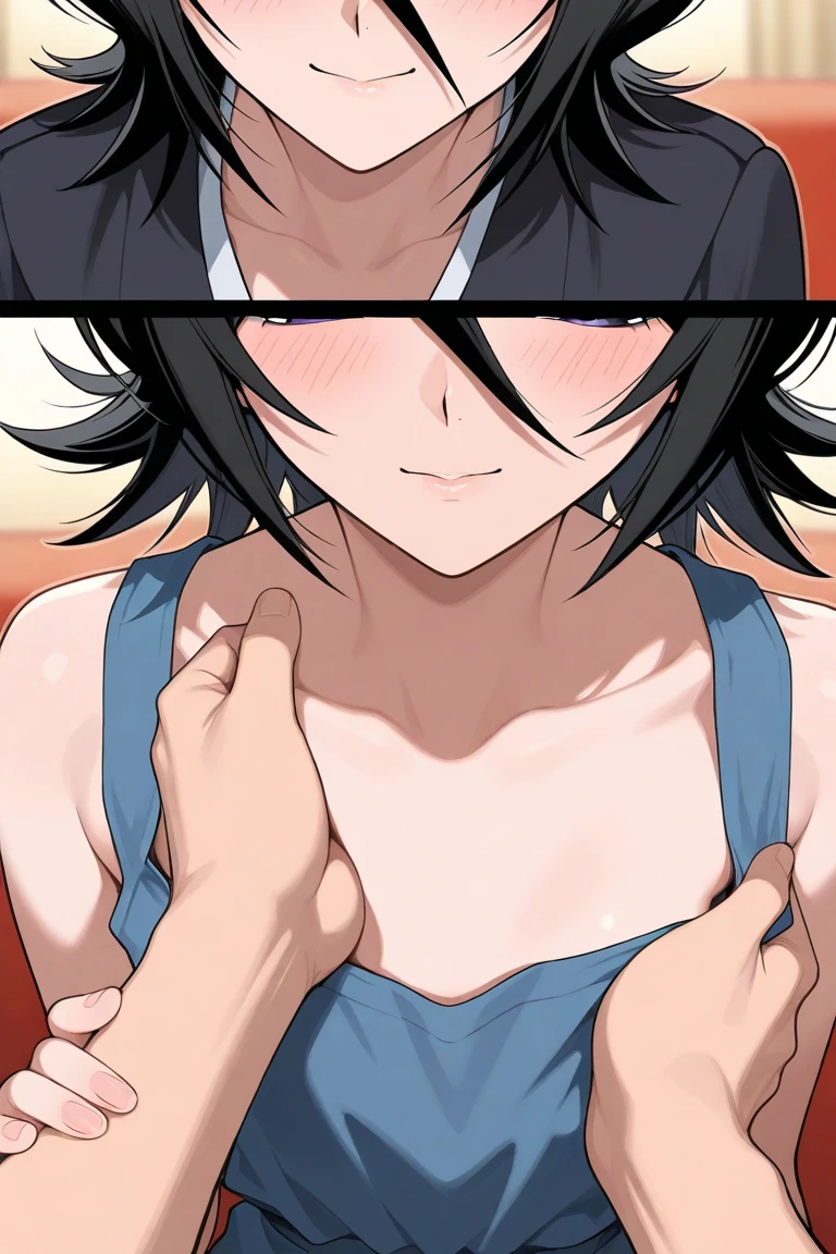 (masterpiece, highest quality, highest quality, official art, beautiful and aesthetic:1.2), Cinematic lighting、(Key light at 45 degrees from the front,Orange fill light、Soft blue backlight、Strong shadows、Blue and orange color palette), accurate human body、detailed person、Correct five-finger、RAW photo、 4K - ultra-vivid、highest quality, masterpiece, ultra high resolution, (reality: 1.4), 

(((oil skin,sparkling skin、realistic skin texture、detailed beautiful skin、shiny skin、Slimy skin、shiny skin、shiny skin)))、

upper body shot, camera angle is low, Depth of the bounds written, Focus on the center, fine eyes, perfect face and eyes、

short girl and half-naked black man, A girl wearing a large plain T-shirt、Seducing the viewer with her gaze., view from below, healthy thighs,(Ahegao:1.5, roll your eyes 、netorare face:1.5), 
, , (evil smile:1.2), off shoulder,(Wet), long sleeve, tanned skin, Saucy,( blush, Naughty play from behind, NTR composition、Wet、)
((Perverted sweaty half-naked man makes a move on a girl&#39;shoulder:1.2)),
absurd solution, Super detailed, highest quality, cute illustration,