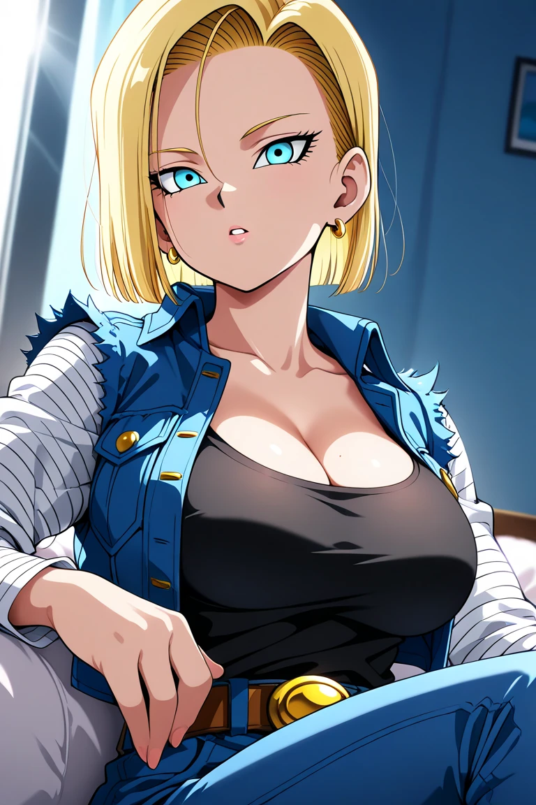 score_9, score_8_up, score_7_up, score_6_up, score_5_up, score_4_up, (source_anime), 1girl, solo, breasts, short hair, blue eyes, blonde hair, shirt, long sleeves, cleavage, jewelry, jacket, upper body, earrings, parted lips, huge breasts, gradient, looking to the side, torn clothes, black shirt, torn shirt, android 18,