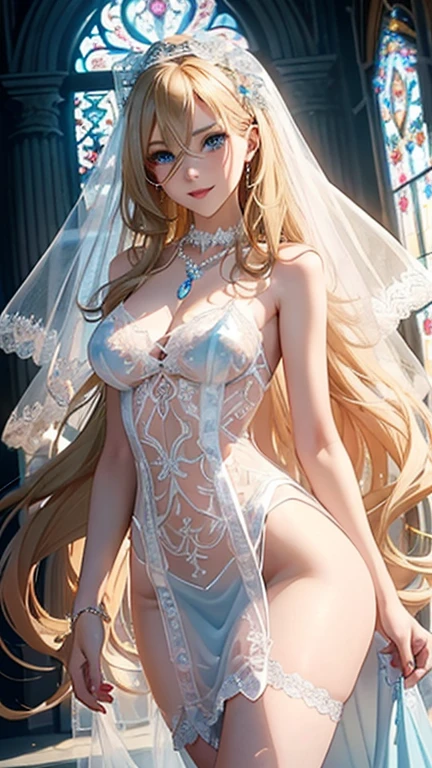 masterpiece, best quality, 1girl, blonde hair, mob cap, hair bow,long hair,wedding dress, huge breasts, cleavage, wings