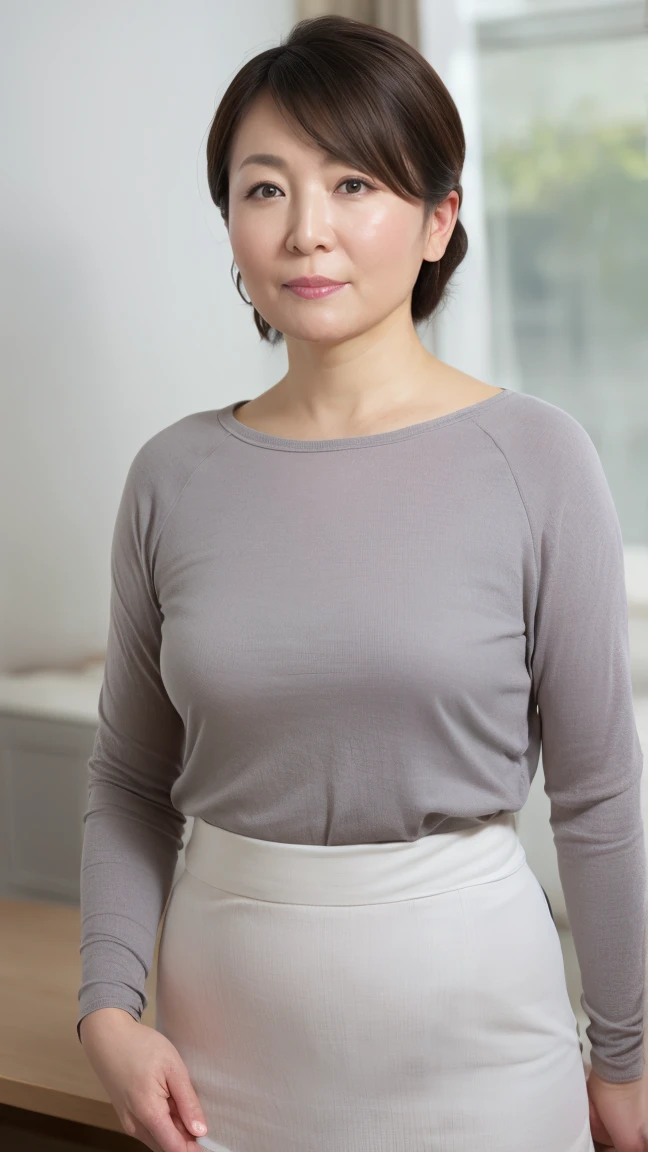 Japanese, mature, (alone), 60 years old, (Wrinkles around the eyes:1.2), Soft big breasts, Mature Woman, Super big , Glamour, Sexy, Watching the audience, Extra large breasts、A woman wearing a grey top and purple shorts posing for a photo, Cutting tops, Grey Shirt, usando Cutting tops, Wearing crop tops sexy, Exposed belly, Crop top, Fits a fuller figure, 62 year old female model, Tight shirt, Wearing crop tops, Wear a cute top, Wearing crop tops, Wearing a torn cut-out T-shirt, Whipped body, Low-rise pants, (Shallow inseam),