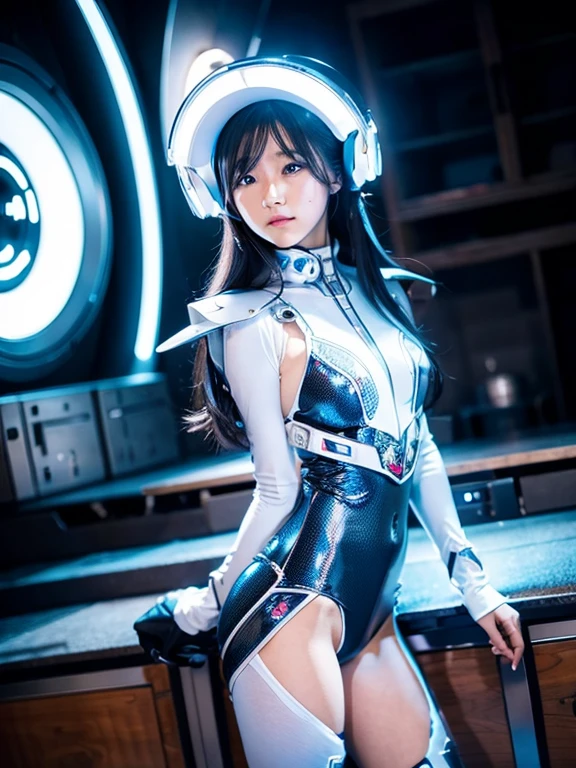 NSFW,((top-quality、in 8K、​masterpiece:1.3))Wearing a silvery-white mech，Girl with a delicate face，The highest image quality，ultraclear，Facial features are delicate and clear，machine arms，exquisitedetails，(cammel toe)、Mechanical pattern,cyberpunked、Cyber City、digital、tron、(Reveal clothing:1.5)、(Open legs:1.5)、14 years old girl、silber hair、Perfectly round pupils、The details of the iris are amazing、Bright eyes、de pele branca、Realistic