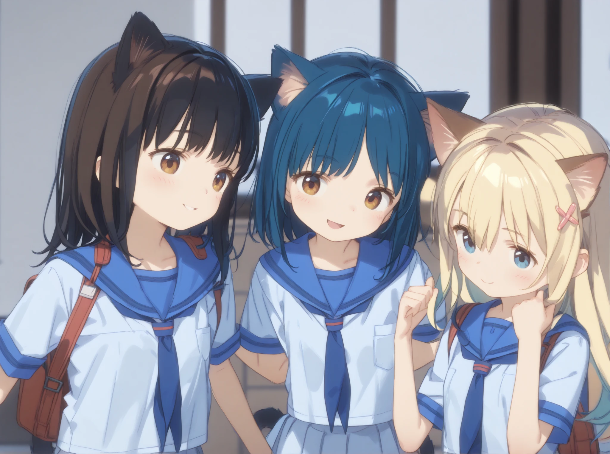 (masterpiece),(top quality),high score,hi-res,incredibly absurdres,Anime screencap,pastel colors that bring your face closer,Anime,、、、Juvenile body、3people、face、Cat ears、cat tail、、 immature body、flat chest、School Yard、sailor suit、classmate3people、Chatting、Smile Yan、 play with each other、shoulder to shoulder