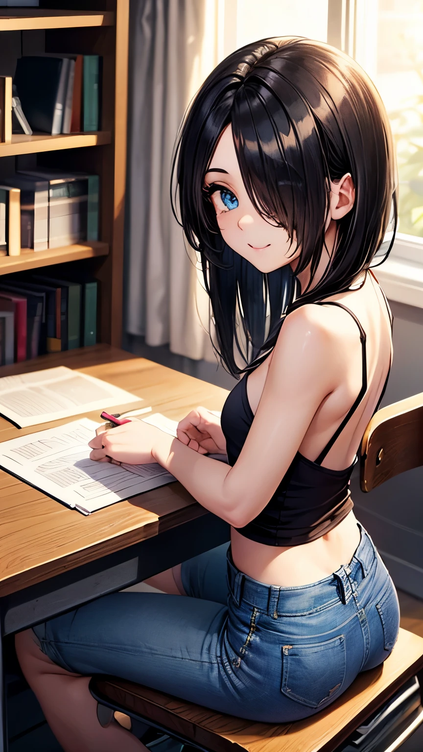 Generates a girl doing homework without clothes