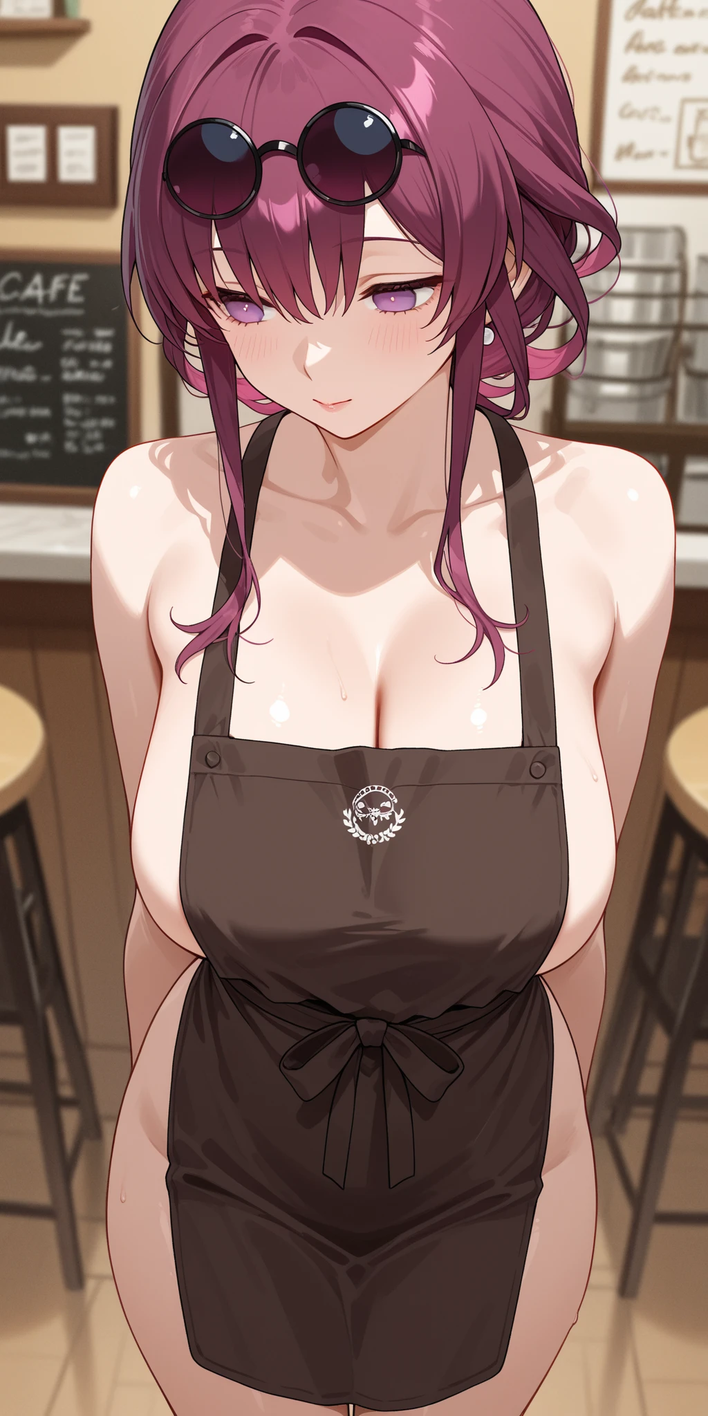 mastute piece,Best Quality,insanely detailed,8k cg,nsfw,
(shoot upper body:1.3),
(1girls:1.3),standing,looking at viewr,body in front,((both arms behind back:1.4)),(transparent waitress costume:1.3),(bare breasts:1.2),break,
blush,shy,(ecstasy face),(trembling:1.2),break,(light purple hair:1.2),
break,
perfect breasts,perfect teats,(open mouth:0.9),(large breasts:1.3),
(coffee shop:1.1),