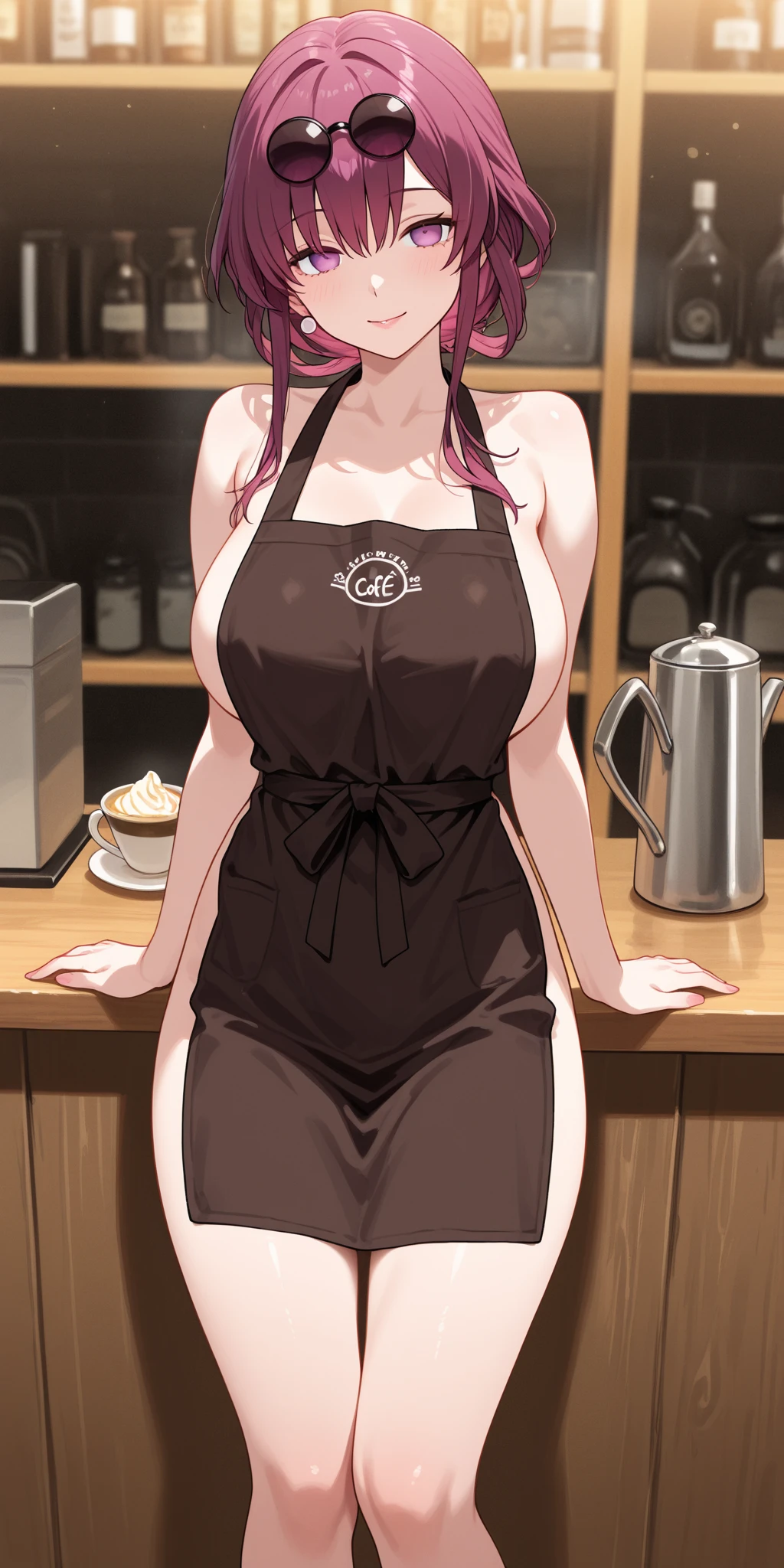 1girl, solo, nakano nino, pink hair, butterfly hair ornament, (naked:1.3), (white apron:1.1), large breasts, cleavage, thighs, cafe background, (blushing:1.3), angry