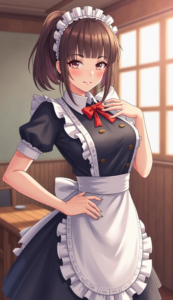 masterpiece, lots of detail, 4k, 8k, ((ultra-detailed)), highres, cinematic lighting, atmospheric lighting, official artwork, hetero, indoors, restaurant, cafe, <lora:Ryoujoku_Famiresu_Choukyou_Menu_Kanzaki_Moemi-10:0.6>, moemiv1, 1girl, solo, female focus, short hair, brown hair, hairclip, green eyes, looking at viewer, blush, smile, standing, medium breasts, sideboob hands behind back, hidden hands, maid, maid headdress, bow, thighhighs, red skirt, frills, miniskirt, ass, ass focus, panties, gluteal fold,