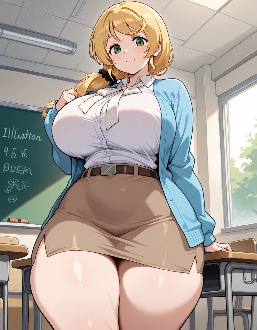 High resolution, Tsunade Senju, 1 girl, ((bimbo))), long blond hair, puffy lips, thick lips, wide hips, thick thighs, huge ass, horny ahegao face , enormous huge natural breasts, revealing cleavage, mature woman, plumb woman, squishy breasts, thick saggy breasts, areola, breasts bulging,  sun, tanned, tan lines, huge nipples, hanging breasts, big nipples, hand signs, black skirt, white top, revealing clevage, teacher, classroom, 