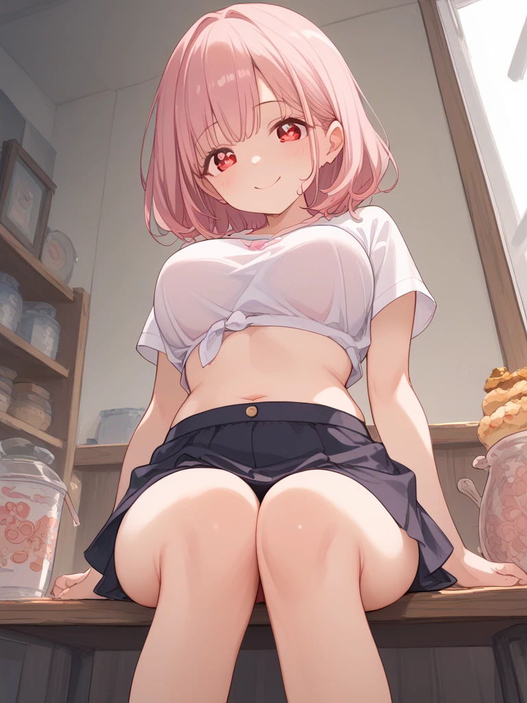 (masterpiece, best quality:1.2), cowboy shot, solo, 1girl, sakuragi hinako, slight smile, looking at viewer, arms behind back, bangs, low twintails, hair ornament, , serafuku, long_sleeves, no_pants, panties, white_panties, cowboy_shot, navel,[[shirt]],(((white_shirt)))