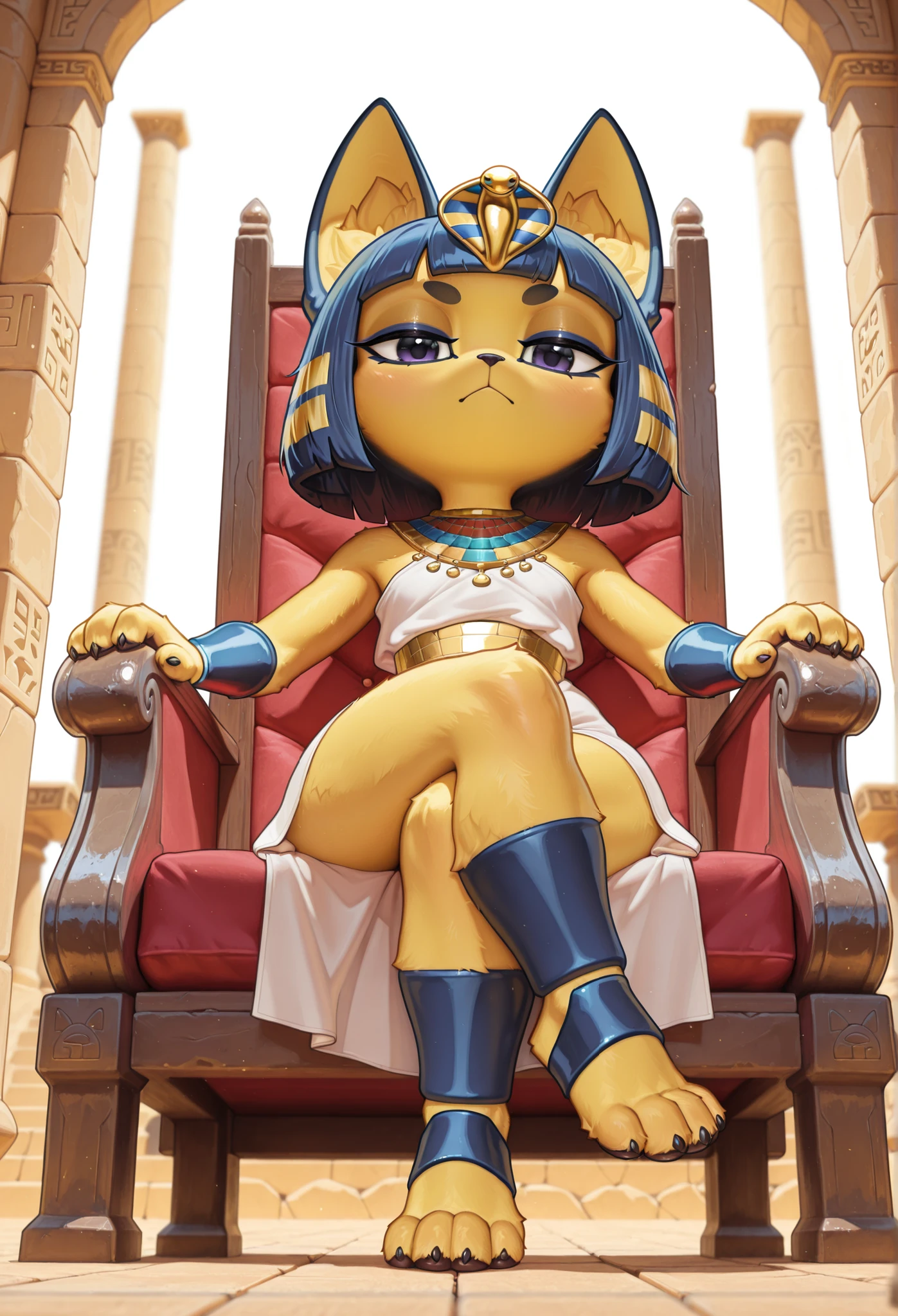 [isaCrossing], [Isabelle; Animal Crossing], [Uploaded to e621.net; (Pixelsketcher)], kemono, dagasi, solo female ankha \(animal crossing\) with ((tiny and short body with yellow fur)), ((cute body)), (full body), (blue hair), (blue eyes), (half closed eyes), (yellow and blue striped cat tail), ((anthro furry)), ((wearing a cute short white dress:1.4)), (cute white panties), (panties showing), (cleavage), (egyptian necklace), ((small breasts)), (detailed fluffy fur), (front view), (ass focus), (viewed from below), (sitting on throne), (crossed legs), (seductive pose), (relaxed expression), (head resting on hand), (detailed background, egyptian palace background, depth of field, half body shadow, sunlight, ambient light on the body), (intricate:1), (high detail:1.3), (unreal engine:1.2), (soft focus:1.15), [explicit content, ????????????????????], (masterpiece, best quality, 4k, 2k, shaded, absurd res)