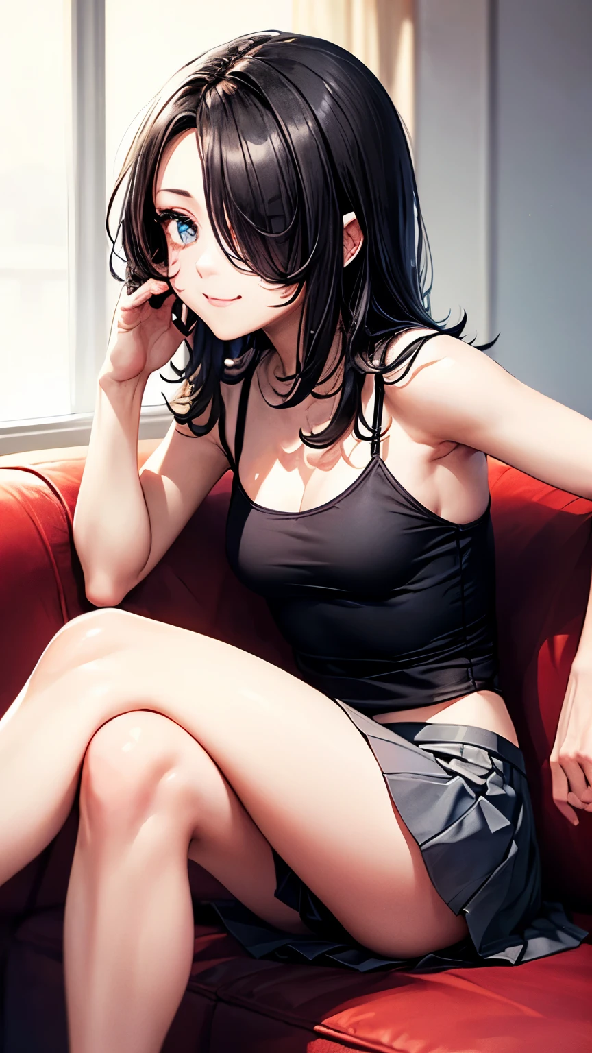 detailed illustration, dynamic angle, ultra-detailed, illustration, 1girl, red tank top, black leather jacket, crop top, long black hair, straight hair, medium breasts, short black plaid skirt, sitting on couch, spread legs, smiling, shy, innocent, bright green eyes, texting on phone, playing on her cellphone, looking at her cellphone, grinning, night