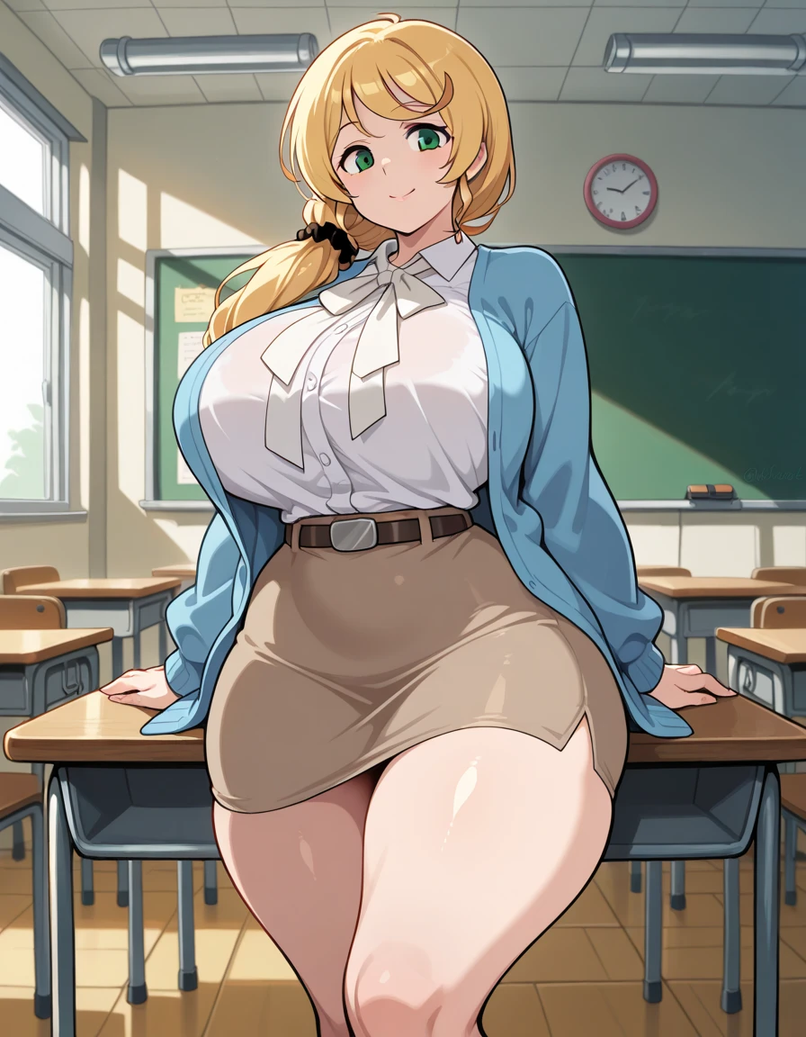 ((((kipteitei art)))), ((highres)),Masterpiece, high quality, best quality, beautiful, perfect lighting, detailed face, ultra cute face, ((1girl)), ((solo), long blonde hair, ponytail, blue eyes, glasses, embarrassed, ((blushing)), looking at viewer, arms crossed, standing in a classroom, (classroom), daytime, dress shirt, pencil skirt, thigh highs, (wide hips), ((thick thighs)), chubby, medium breasts, perky breasts, 24 year old female,