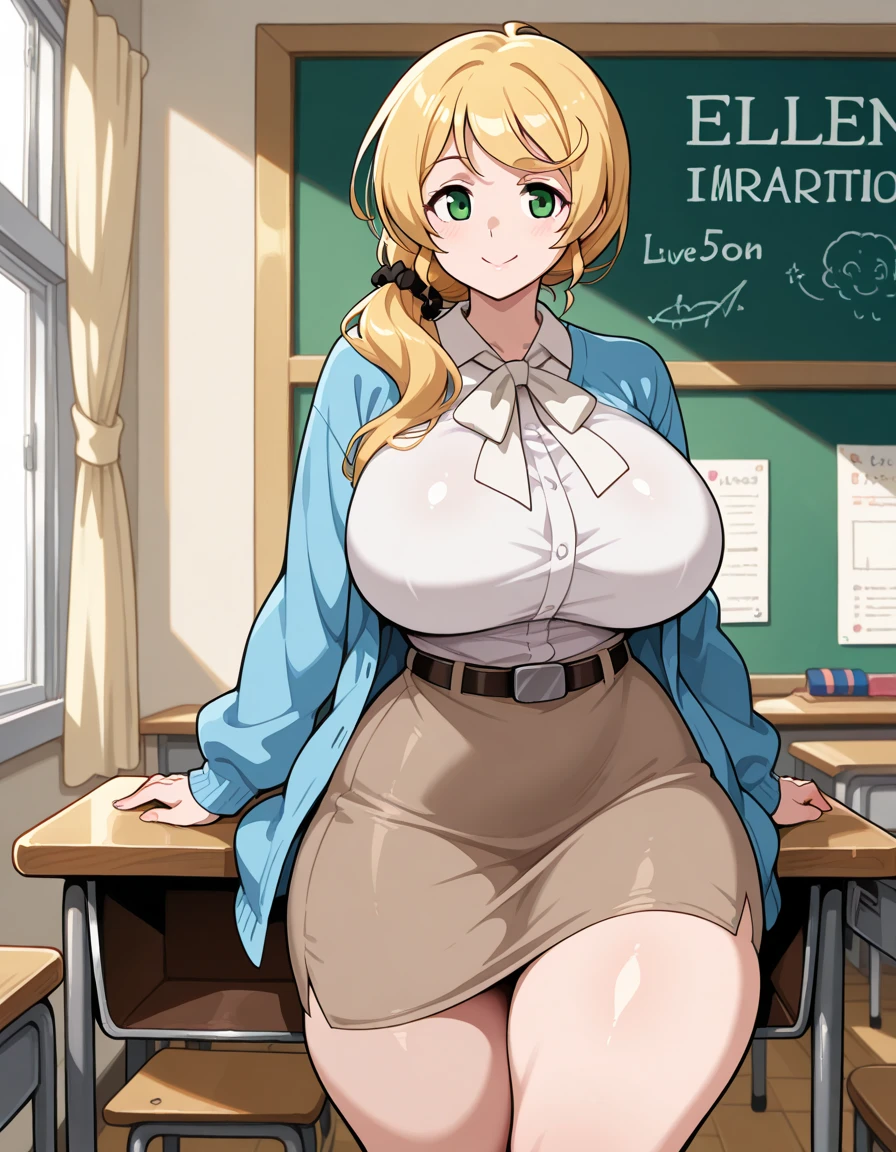 (Highly detailed CG,Highest quality,8k, masterpiece: 1.3),Super Detail, Ultra-high resolution, simple white background, Ellen Baker,girl(teacher),22 years old,Green Eye,Delicate eyes, hair(blonde,length,Loose Side Tail),(White transparent blouse),(Light blue cardigan), (micro mini skirt),Cute pink panties, (thin:1.4), (huge breasts), (narrow waist:1.2), ((voluptuous thighs, thick thighs)), sitting, (from side:0.7),